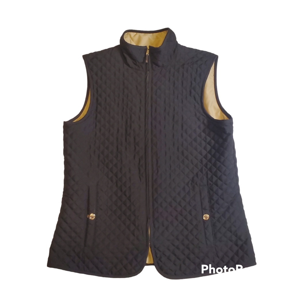 Chaps Women’s Size Medium Black/Tan Reversible Quilted Vest Both Sides Zip Up